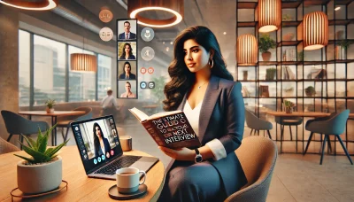 A highly realistic 16_9 digital illustration of a curvy professional Indian woman in a modern setting, preparing for a virtual interview while reading