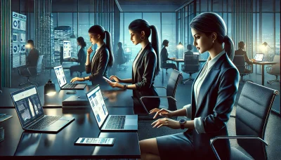 A realistic digital illustration of two to three Indian women engaged in job search activities in a sleek, corporate office setting. They are using la