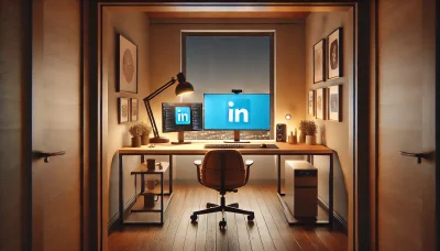 A wide-angle, long shot view of a modern, cozy workspace setup in a home office, as if the photo was taken from the doorway. The room features a woode A wide-angle, long shot view of a modern, cozy workspace setup in a home office, as if the photo was taken from the doorway. The room features a woode